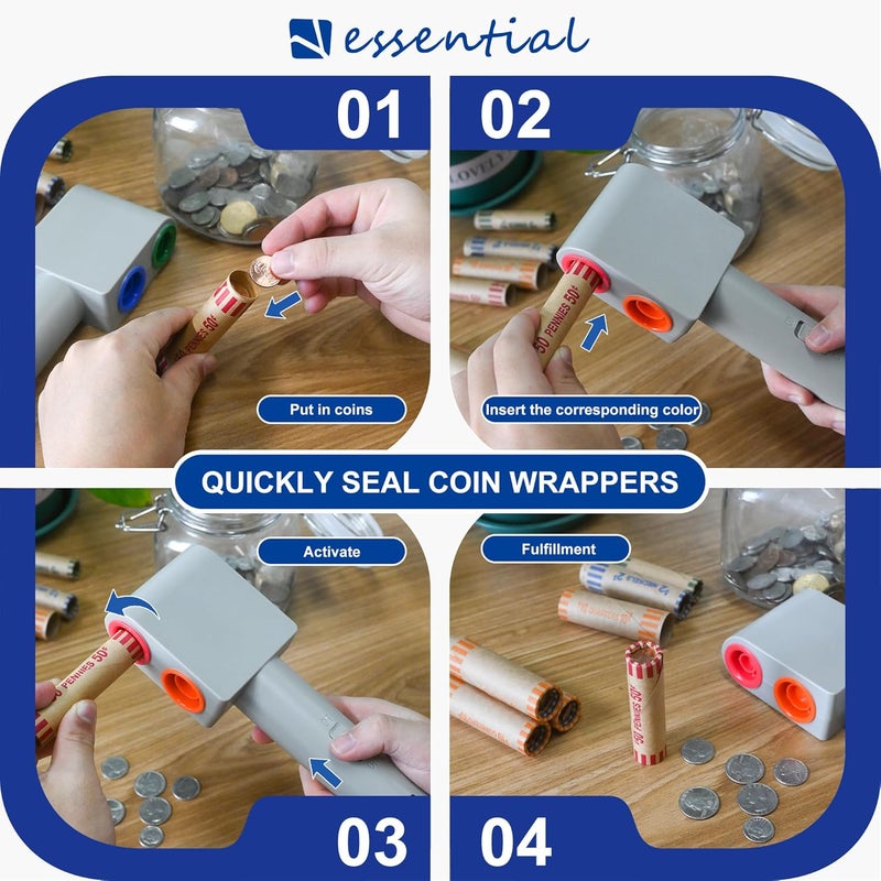 Essential Electric Coin Wrappers Crimper, Color Coded Coin Wrapper Crimping Tool, Includes 16 Assorted Preformed Coin Roll Wrappers - Image 5